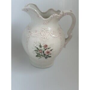 Handmade Vintage Ceramic Pitcher Pink Roses Embossed Floral Cottage